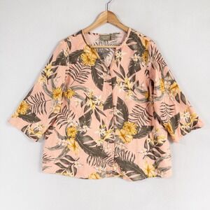 Naturals d&co Shirt Blouse Sz Large Coral Green Floral Button Up Linen Blend